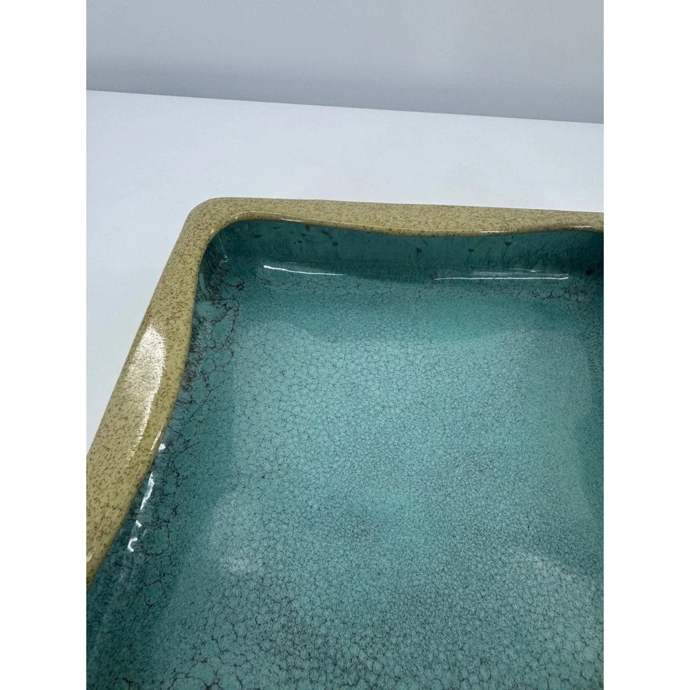 Glidden Pottery 107 Square Tray Crackle‎ Blue Tan Glaze Mid Century Modern Bowl